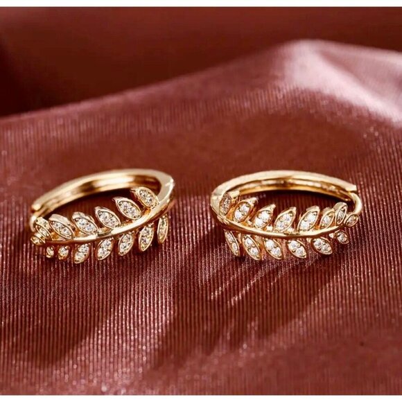 Independent Jewelry - 14k Gold Plated Leaf Branch Huggie Hoop Earrings Sparkling CZ Accents